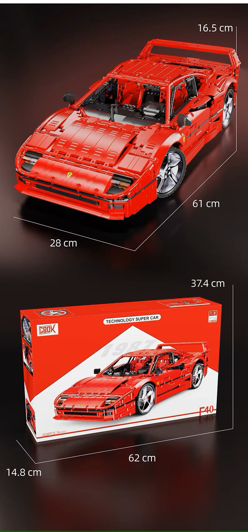 Technical X001 Red Super Sports Car F40 Compatible MOC-140629 Car Building Blocks Bricks Educational Puzzle Toys Birthday Gifts