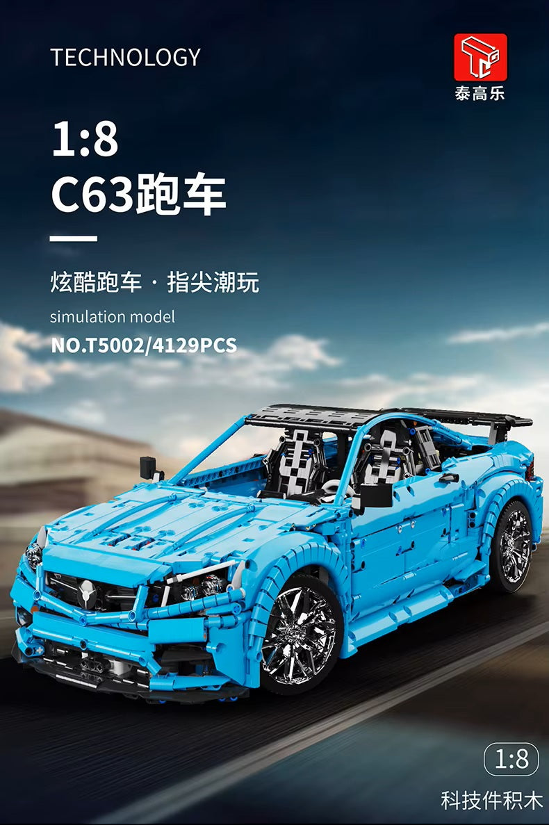 TGL T5002 C63 Blue Sports Car Static Version High Difficulty Building Block Assembly Model Holiday Gift MOC
