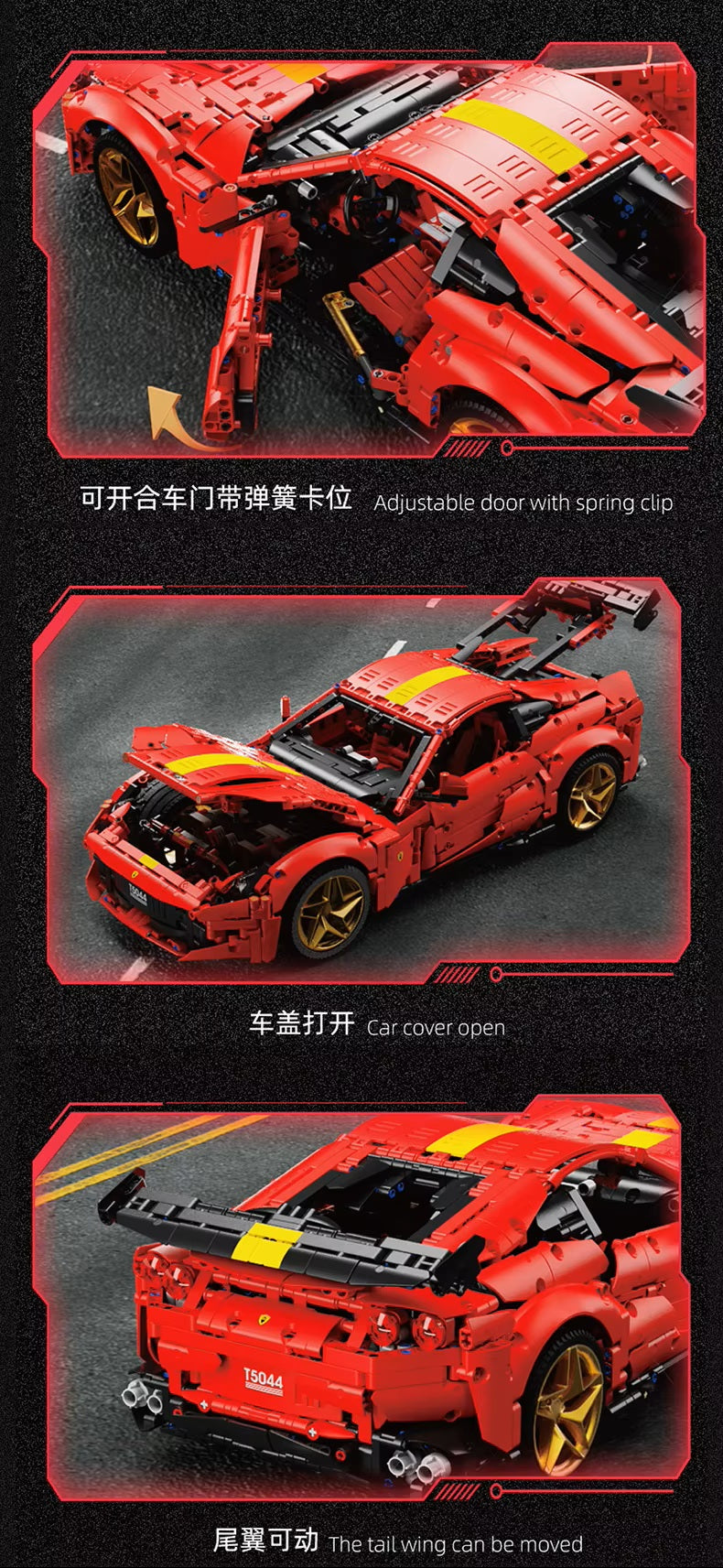 TGL T5044 2926 Pieces Technology Red 812 Supercar Static Version High Difficulty Building Block Assembly Model Holiday Gift MOC